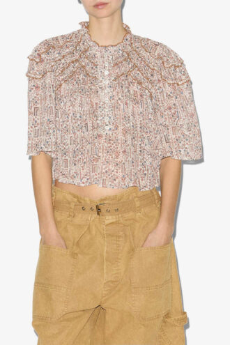 Carmen Printed and Gathered Cotton Voile Top