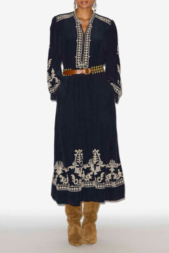 Feliana Long Embroidered Crepe Dress