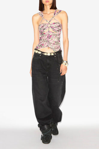 Revon Strappy Gathered Printed Silk Top